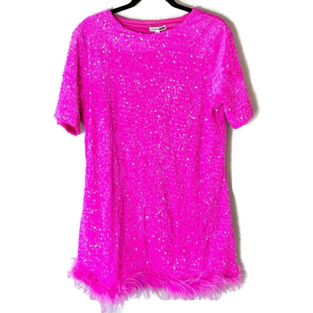 Fashion Nova Hot Pink Velour Sequin Feather Mini Dress Size XL